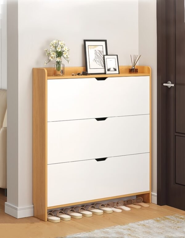 Tipping bucket shoe cabinet